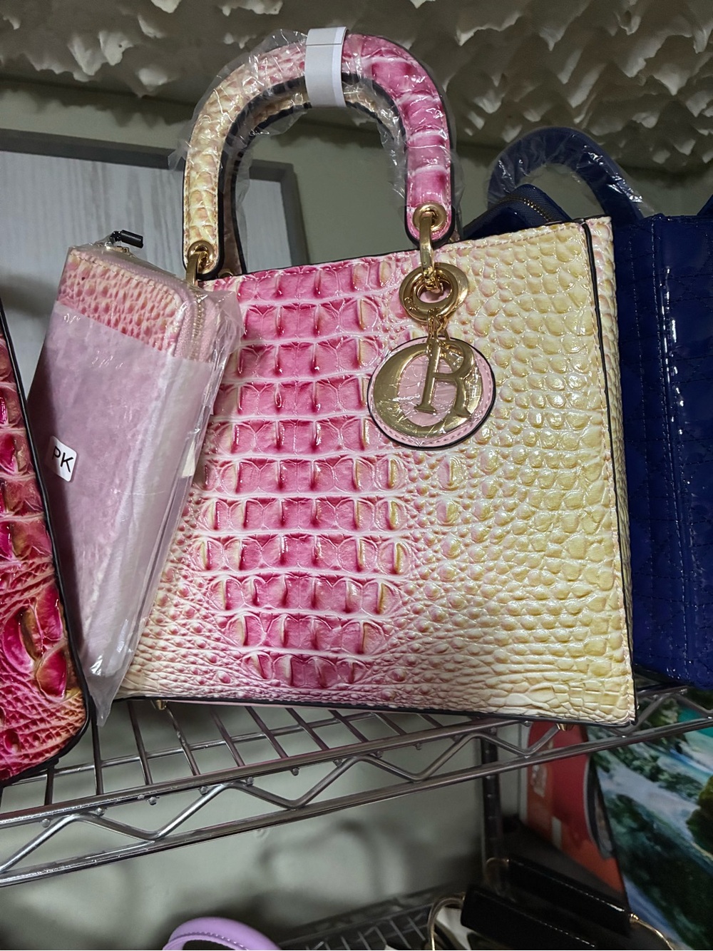 Pink & Cream Croc-Embossed Tote with Gold Charm
